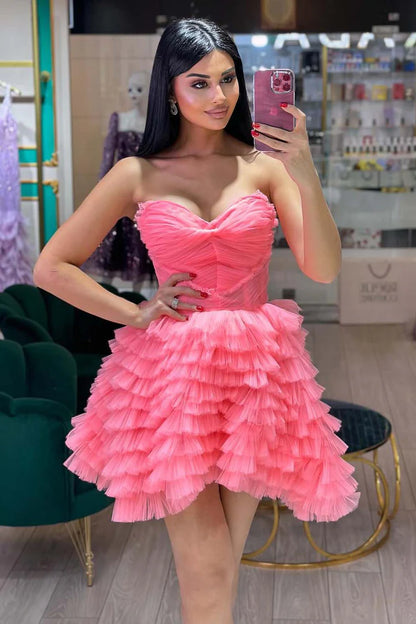 A-Line Princess Tulle Pink Tiered Corset Sweetheart Homecoming Dress