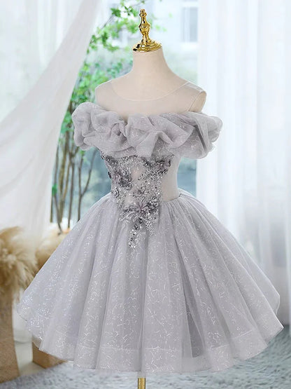 A-Line Scoop Neckline Off Shoulder Tulle Gray Mini Dress Prom Dress With Lace Beads