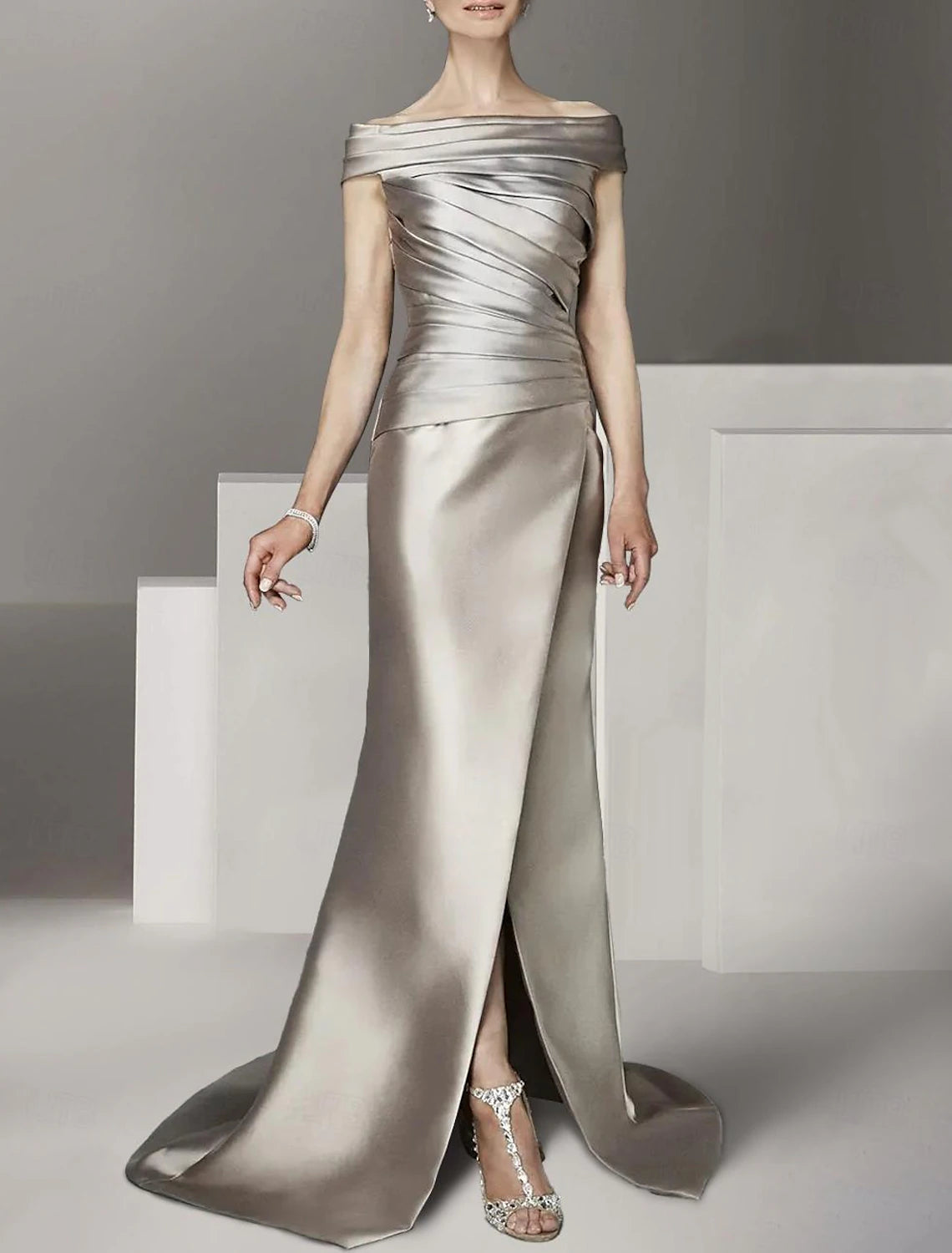 A-Line Scoop Neck Off Shoulder Floor Length Satin Cap Sleeve with Ruching Mother of the Bride Dress