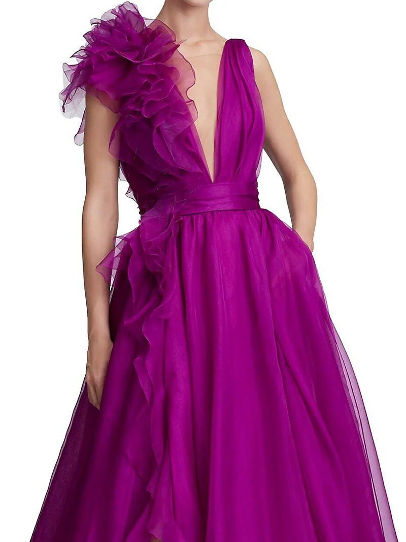 A-Line V Neck Sleeveless Floor-Length Evening Floar Dresses With Split Side