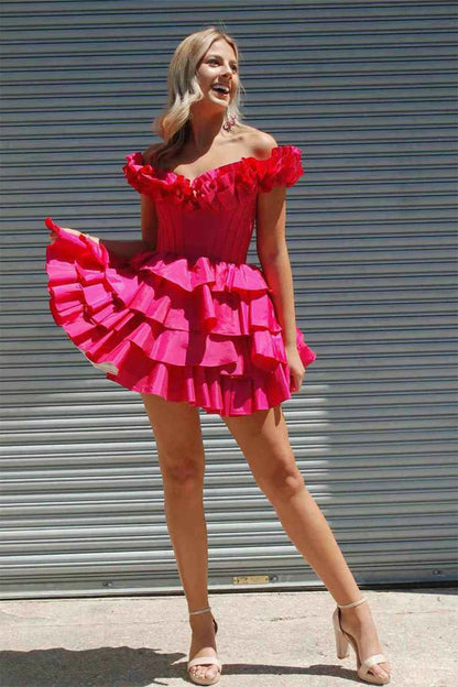 Cute A-Line Fuchsia Off the Shoulder Ruffle Cute Homecoming Dress