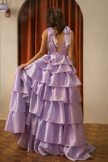 Deep V-Neck A-Line Princess Tiered Senior Prom Dress with Slit