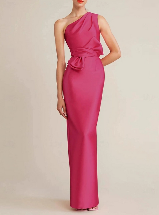 Sheath / Column Cocktail Dresses Wedding Guest Floor Length Sleeveless One Shoulder Satin with Bow(s) Pocket