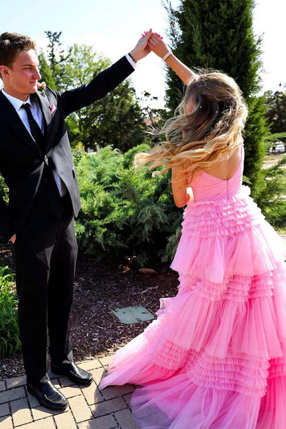 A-Line Princess Ruffle Tiered Tulle Long Prom Dress With Slit