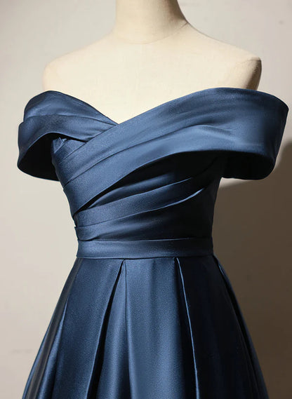 A-line Off Shoulder Navy Blue Satin Long Party Dress Evening Dresses