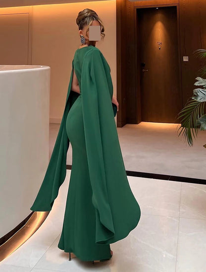 A-Line Evening Gown Party Dress Elegant Sweep / Brush Train Long Sleeve Jewel Neck Stretch Chiffon with Ruffles Slit