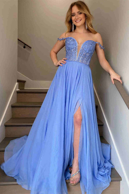 Elegant Blue Straps Long Sweetheart Prom Dress with Sheer Lace Bodice