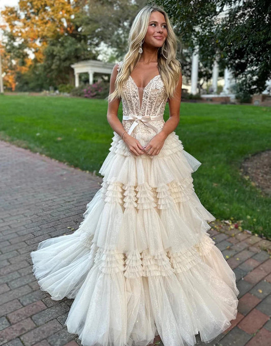 A-Line Princess V Neck Lace Tulle Tiered Long Prom Dress