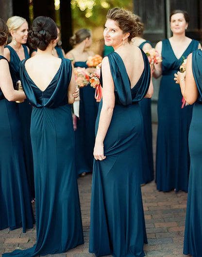 Peacock Sheath-Column V-Neck Long Bridesmaid Dress Wedding Guest Party Dresses