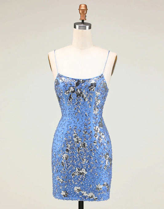 Sparkly Blue Spaghetti Straps Sequin Backless Tight Homecoming Dress