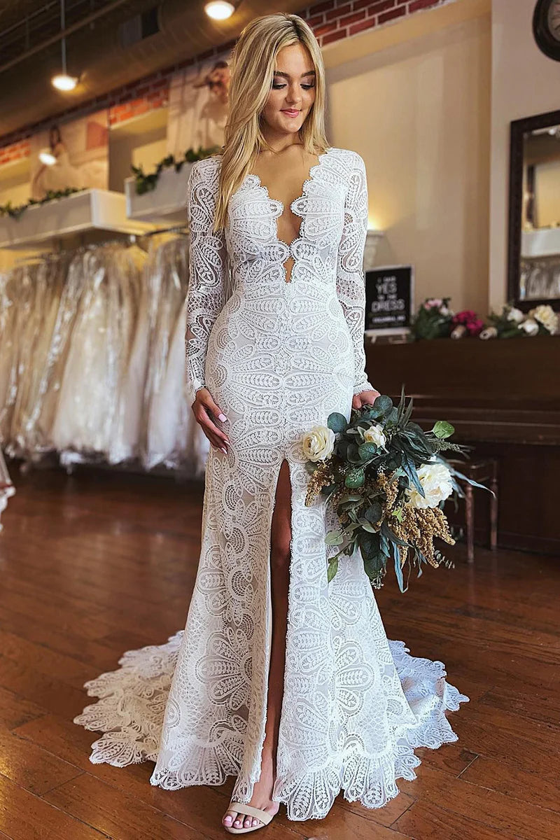 White Mermaid Boho Long Lace Wedding Dress Long Sleeves With Slit