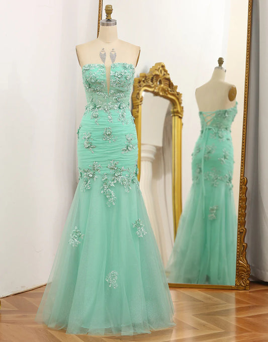 Mermaid Strapless Tulle Long Prom Dress with Appliques