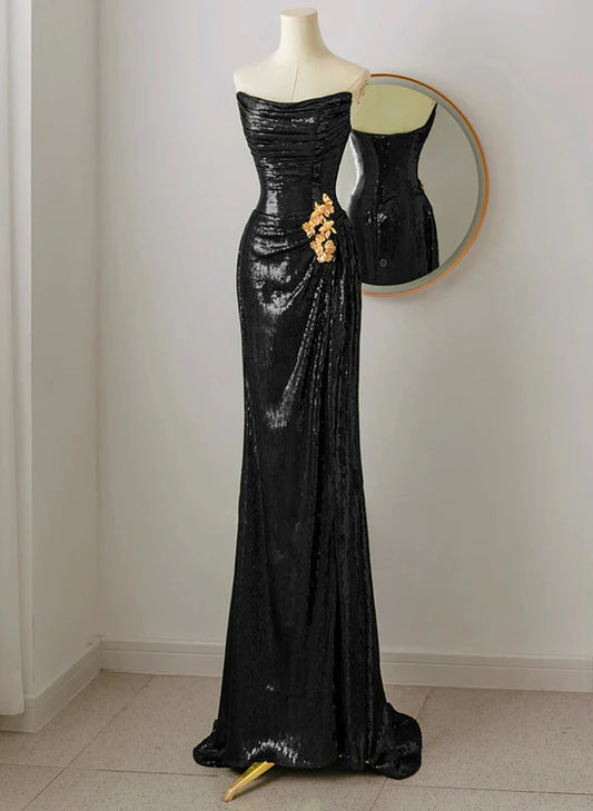 Black Scoop Sequins Floor Length Strapless Prom Dress Sequins Evening Dress