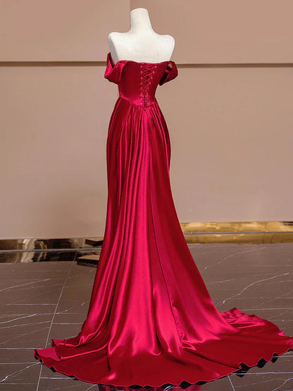 Red Off Shoulder Satin Long Evening Dress Prom Dress with Sweep Train