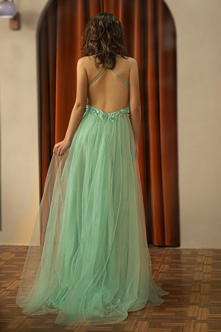 A-Line Princess Tulle Backless Beaded Slit Prom Dress With Appliques