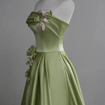 Green A-line Satin with Flowers Long Evening Dress Satin Prom Dress with Sweep Train