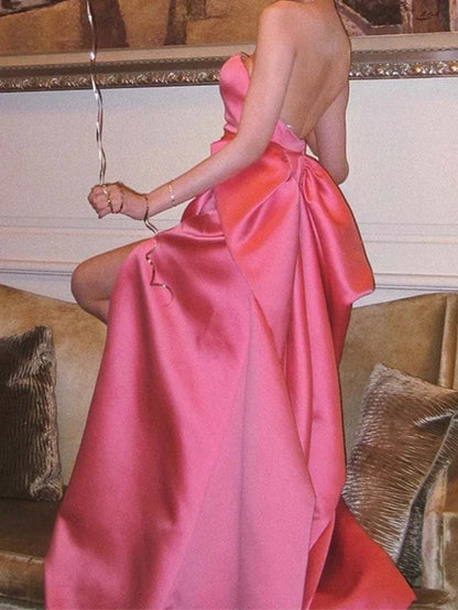 A-Line Strapless Pink Slit Prom Dress Satin Floor-length Ball Gown