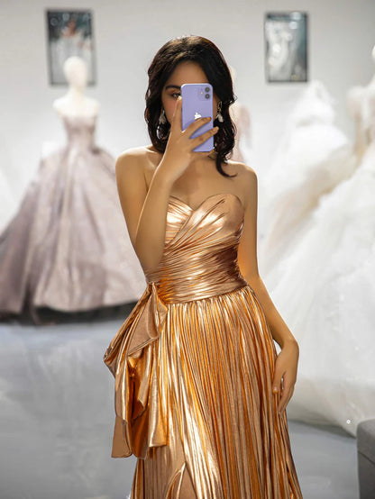 Sweetheart A-Line Metallic Pleated Floor-length Prom Dress With Slit