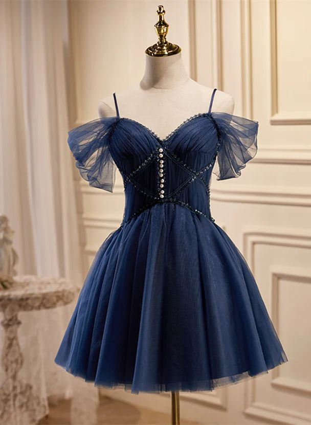 Navy Blue Tulle Beaded Short Prom Dress Off Shoulder Homecoming Dress