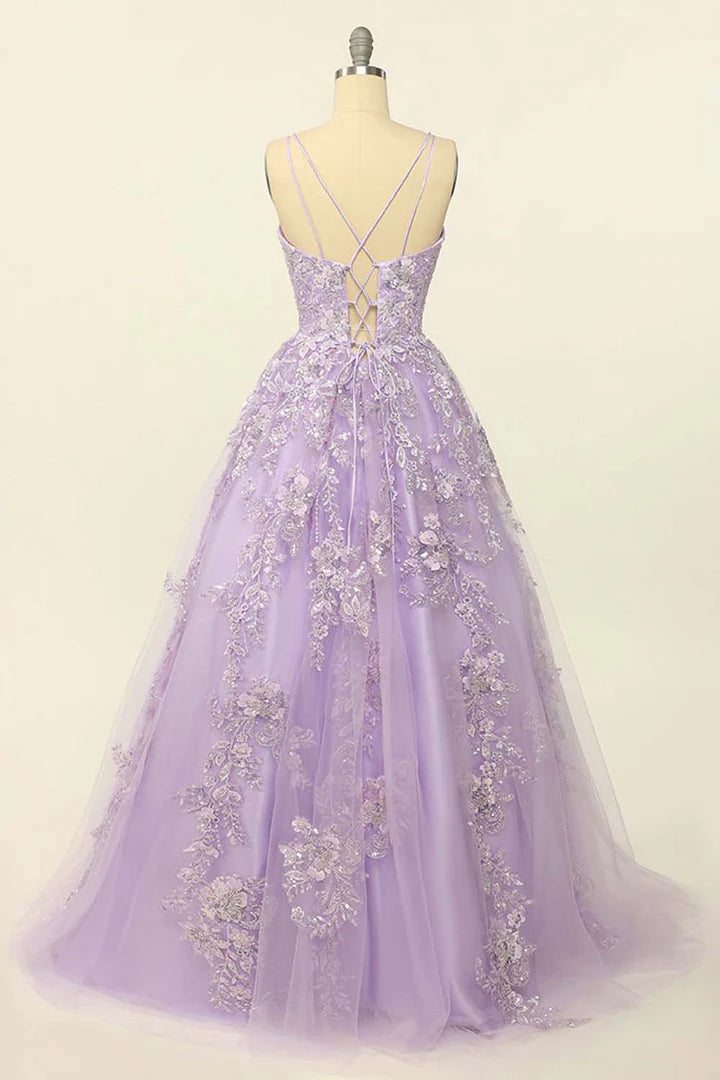 A-Line Princess Deep V-Neck Lilac Princess Long Prom Dress with Appliques