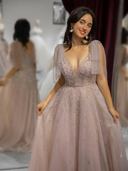 A-Line Princess Champagne Beaded Deep V-Neck Prom Dress with Tulle Bows