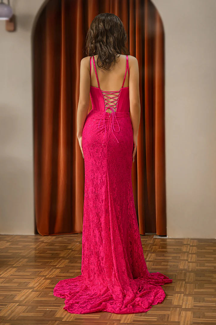 Pink Corset Prom Dress with Slit Sweep/Brush Train Dresses