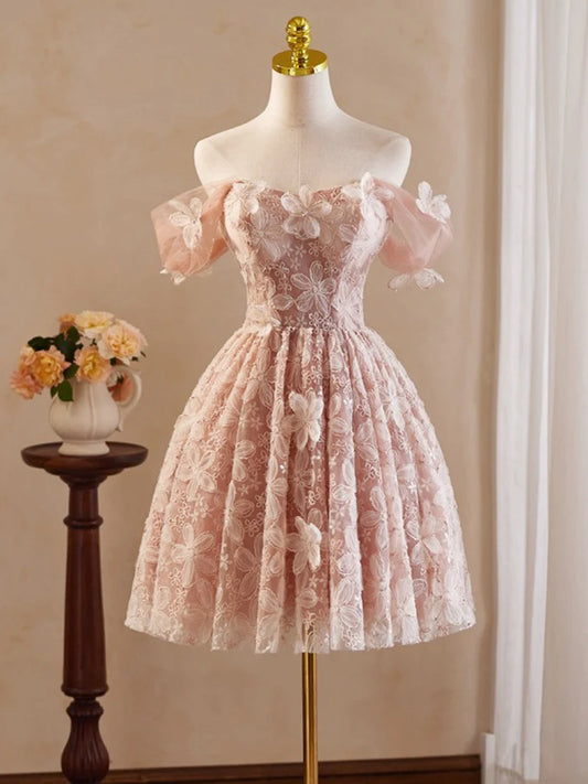 A-Line Off Shoulder Tulle Lace Pink Homecoming Dress