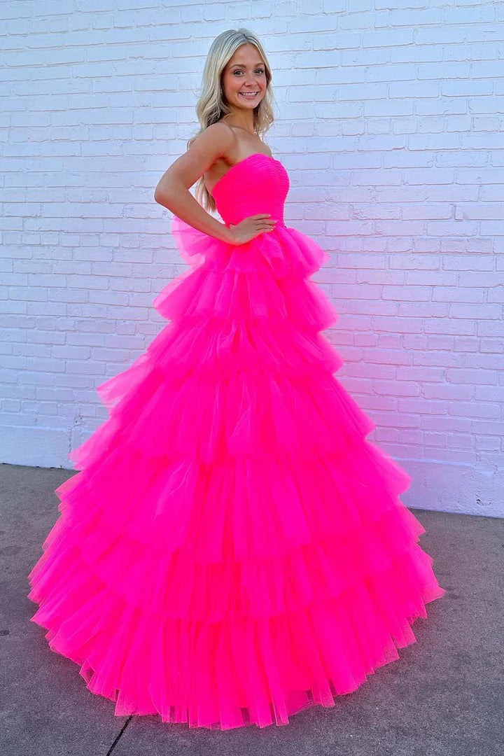 Strapless Pink Tulle Prom Dress A-Line Princess Ruffle Tiered Ballgown