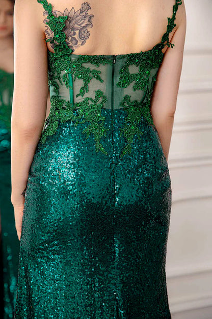 Dark Green Sequin Slit Corset Long Prom Dress With Appliques