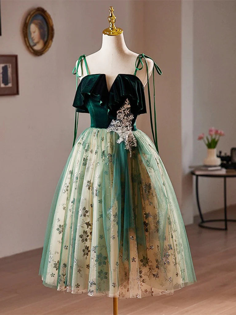 A-Line Tulle Sequin Velvet Green Prom Dress Homecoming Dress