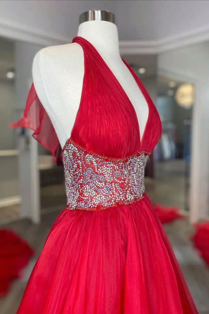 Red A Line Halter Neck Ballgown Long Prom Dress with Beading Sweep/Brush Train Dresses