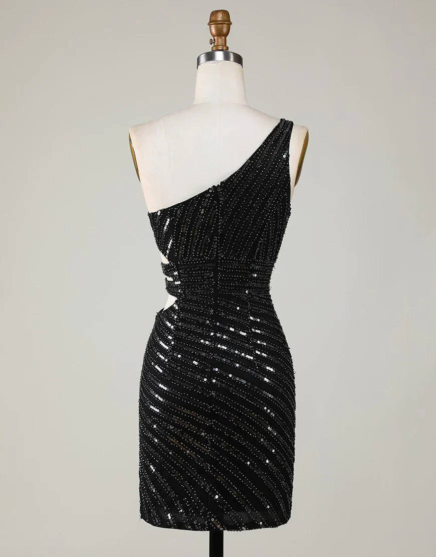 Glitter Black One Shoulder Sequined Bodycon Short Homecoming Dress