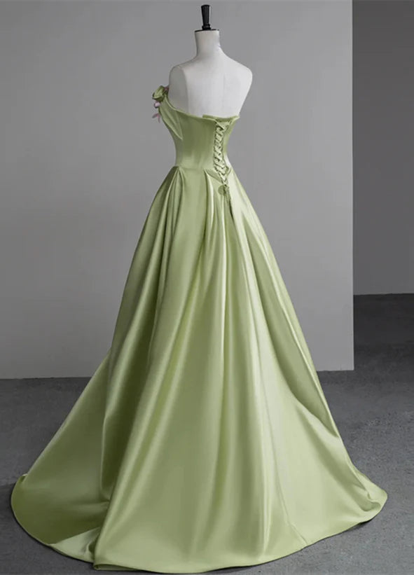 Green A-line Satin with Flowers Long Evening Dress Satin Prom Dress with Sweep Train