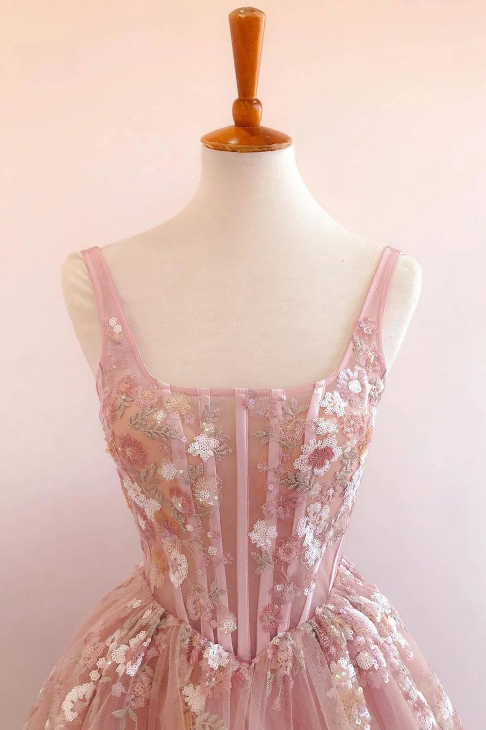 A-Line Princess Square Neck Blush Corset Prom Dress With Embroidery