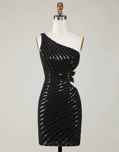 Glitter Black One Shoulder Sequined Bodycon Short Homecoming Dress