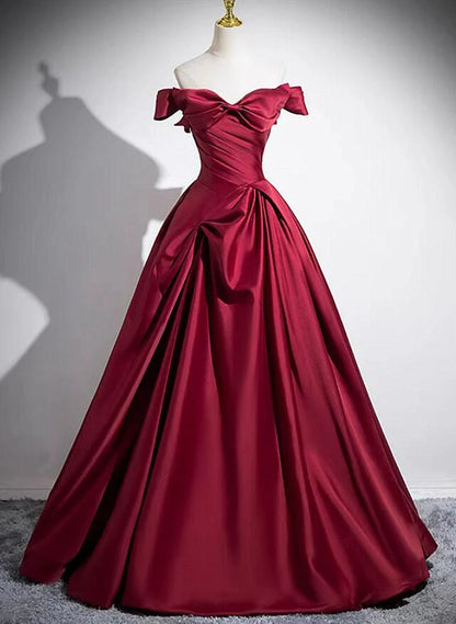 Wine Red Satin Off Shoulder Floor Length Ruched Long Prom Dress Evening Dresses