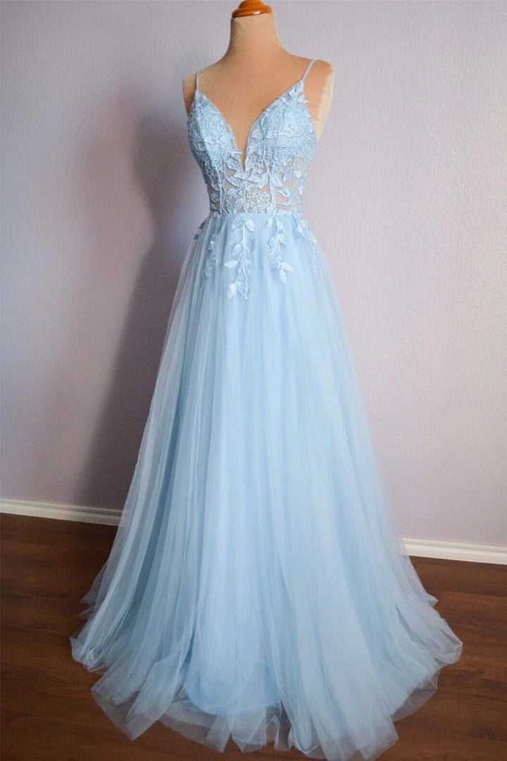 A-Line Princess Light Blue Floor-length Prom Dress Ballgown with Appliques