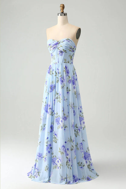 Blue Floral A Line Sweetheart Pleated Long Maxi Dress Bridesmaid Dresses