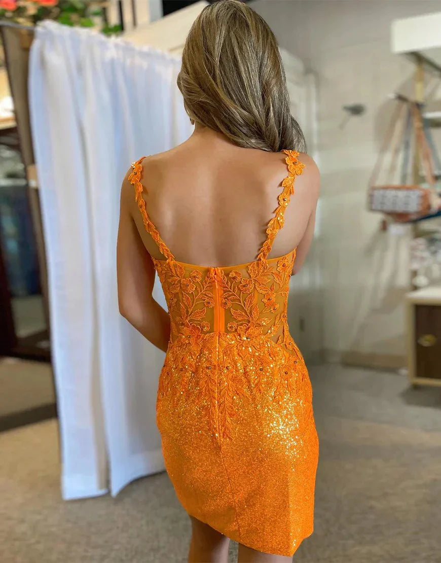 Glitter Orange Tight Short Homecoming Dress with Appliques