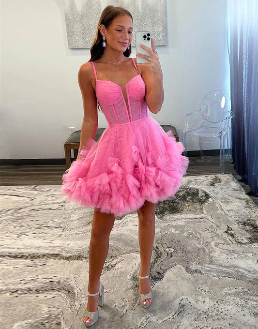 Glitter Hot Pink Corset A-Line Lace Up Tulle Homecoming Dress