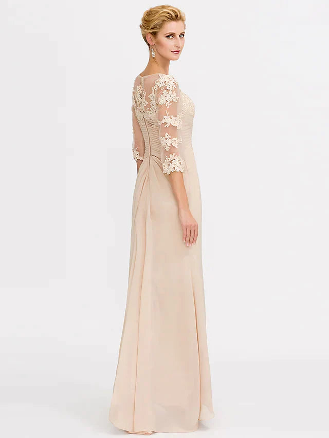 Mother of the Bride Dress Elegant See Through V Neck Floor Length Chiffon Sheer Lace Half Sleeve with Appliques Side Draping