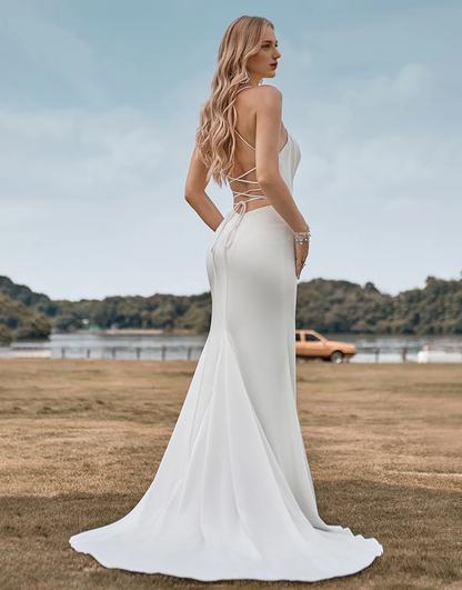 Simple Spaghetti Straps White Bridal Dress with Criss Cross Back