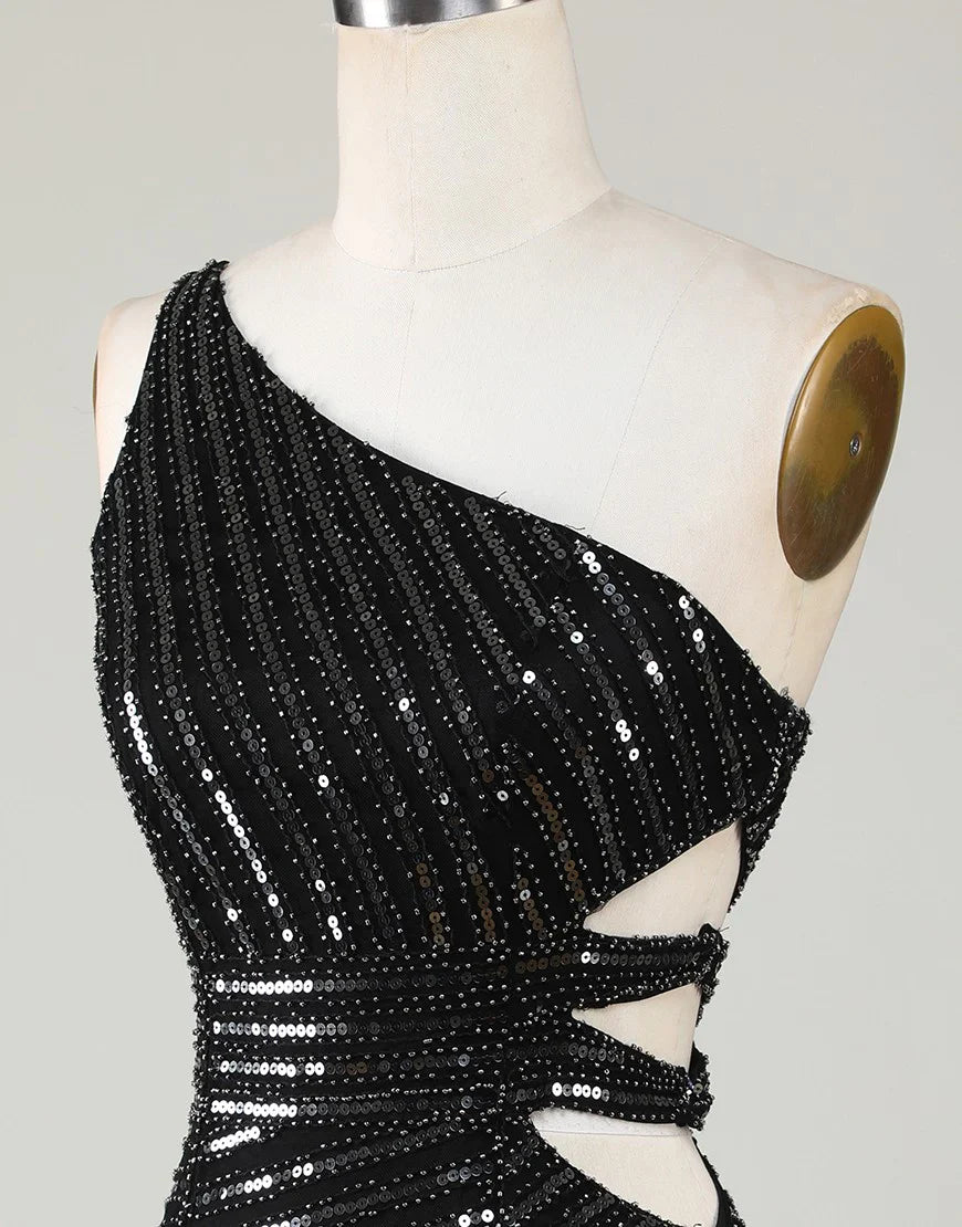 Glitter Black One Shoulder Sequined Bodycon Short Homecoming Dress