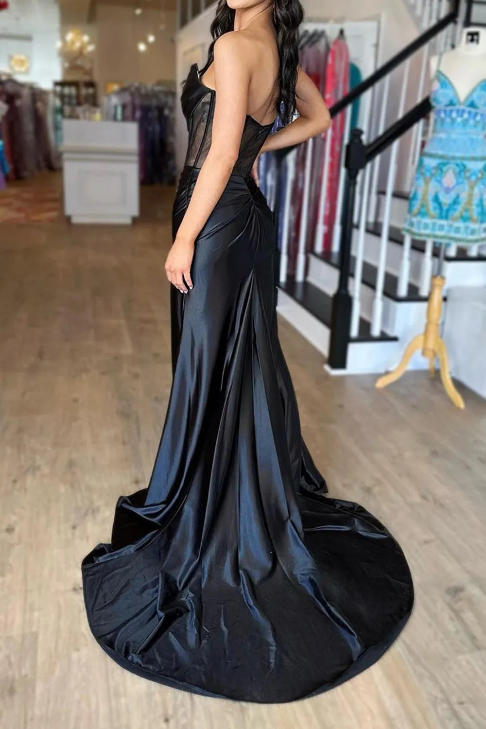 Stylish Satin Mermaid Strapless Black Corset Prom Dress with Split Front