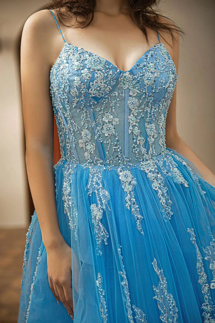 Embroidery Beaded Tulle Prom Dress A-Line Princess Corset Dress