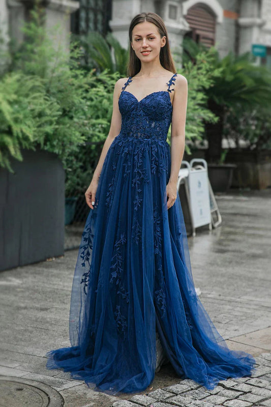 A-line Tulle Appliques Long Sweetheart Prom Dress With Split