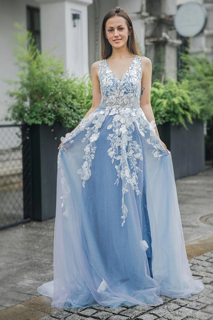 A-Line Princess Blue Appliques V-neck Tulle Prom Dress with Slit