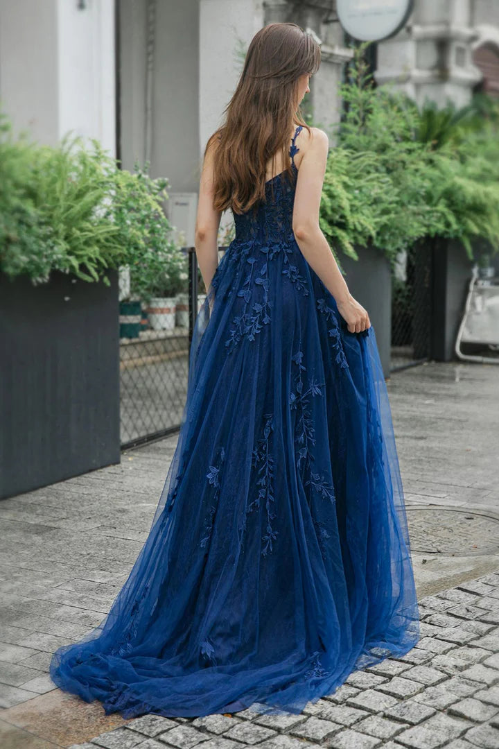 A-line Tulle Appliques Long Sweetheart Prom Dress With Split