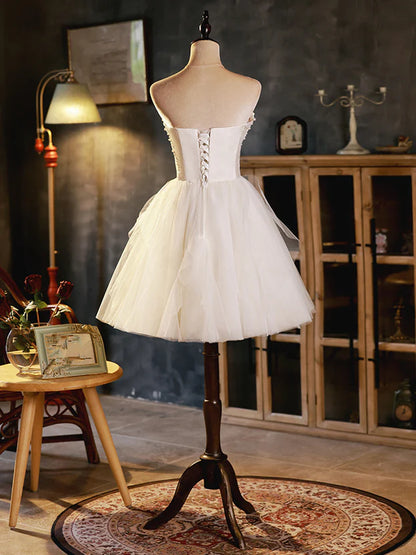 A-Line Ivory Tulle and Satin Short Homecoming Dress Graduation Dress