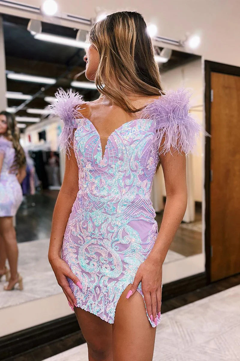 Off the Shoulder Lavender Sequin Lace Short Homecoming Dresses with Feather